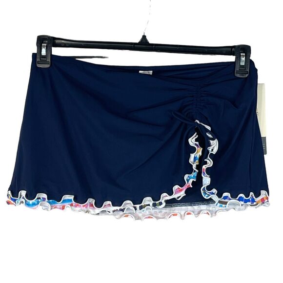 Profile by Gottex Palm Springs SZ 12 Swim Skirt Side Slit Ruffled UPF 50+ Blue - Picture 1 of 13